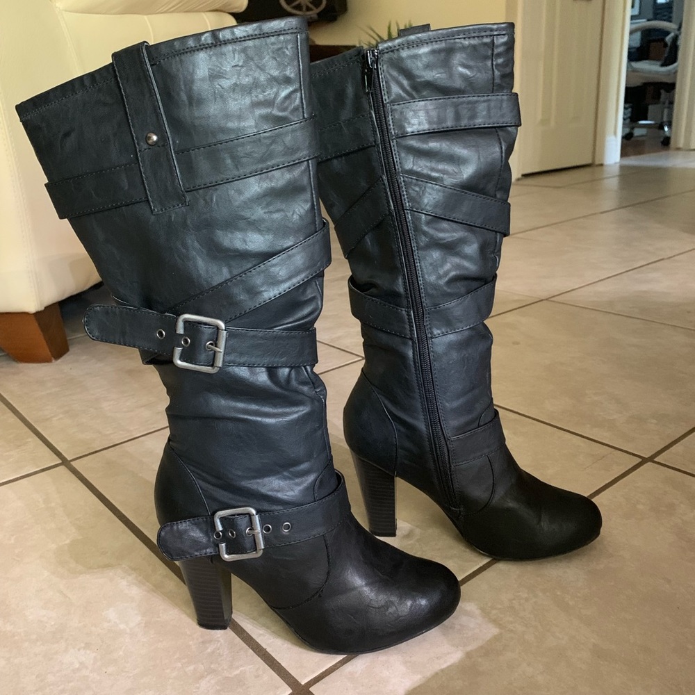 Black buckled heel boots
